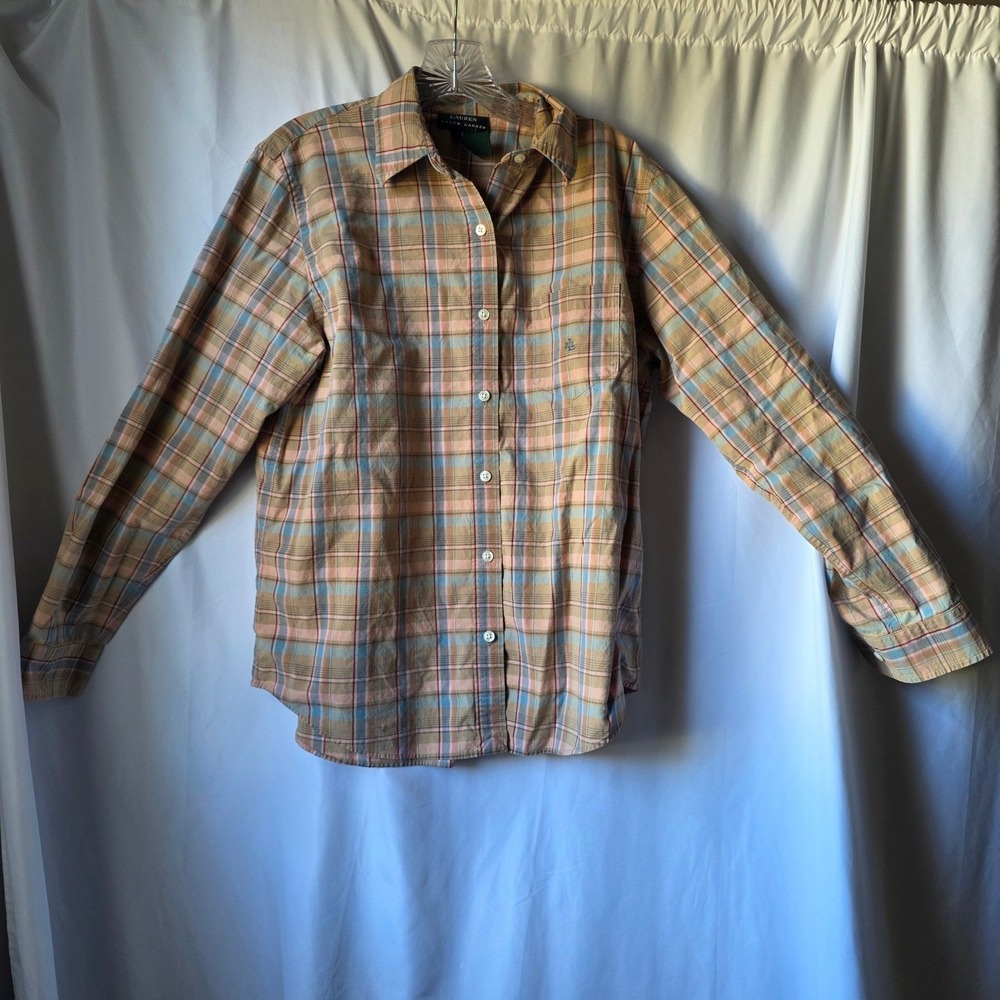 Lauren Ralph Lauren Womens Large Plaid Button Down Shirt Tan Blue Pink Cotton